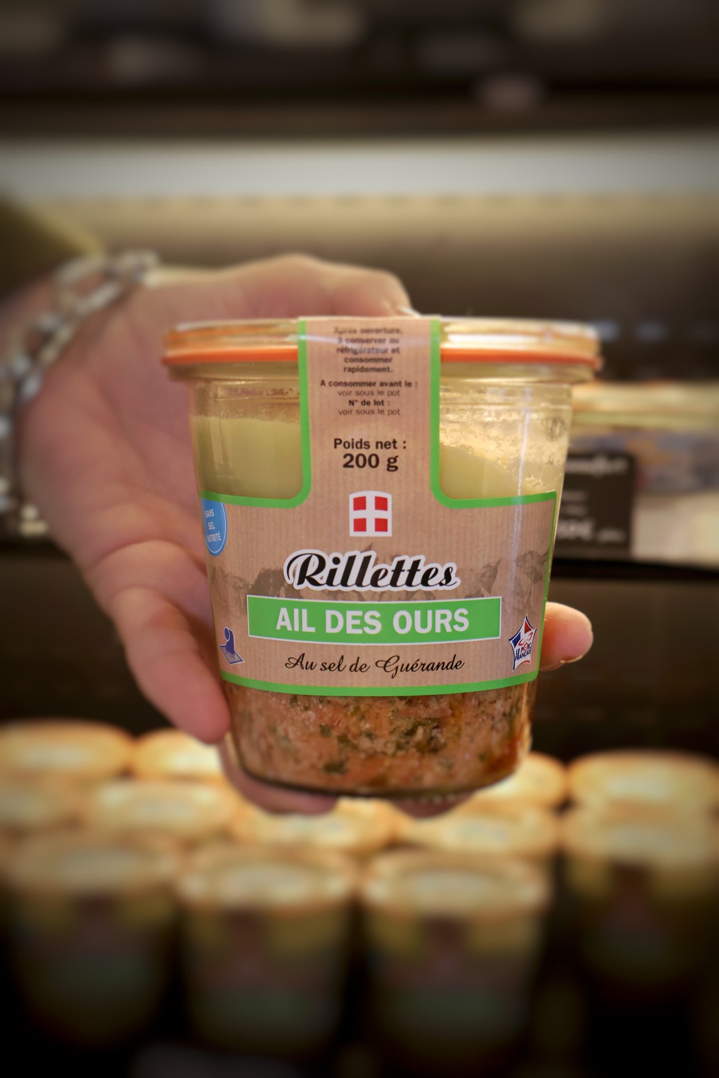Rillettes de porc français à l'ail des ours et au sel de Guérande en bocal 200g recette artisanale