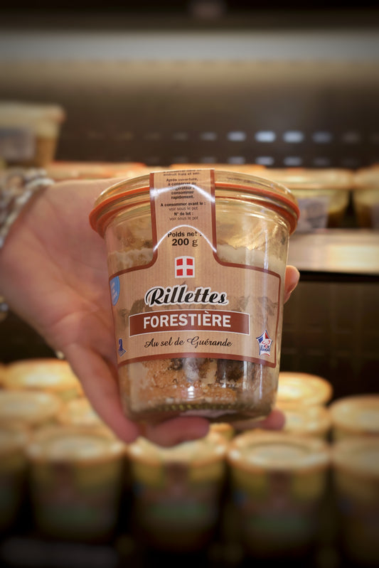 Rillettes forestière au porc français au champignons et au sel de Guérande 200g en bocale recette artisanale