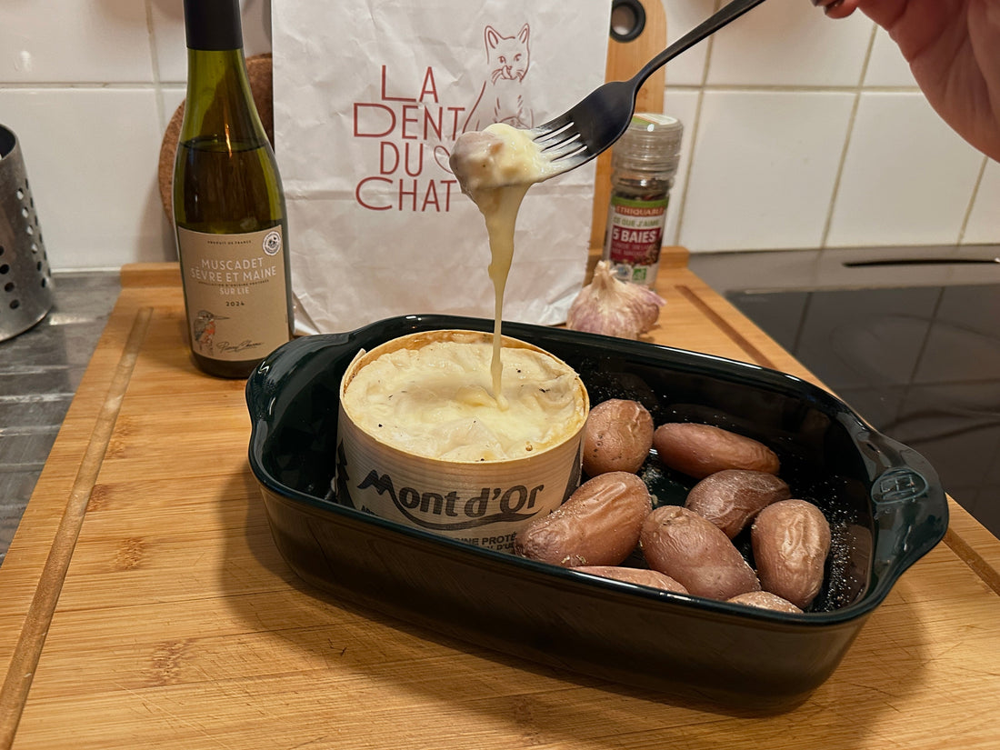 Mont d'Or au four dans sa boîte d'épicéa, fromage fondu qui file sur une pomme de terre