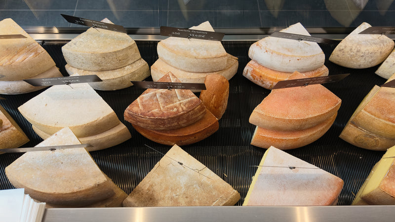 Meules de tommes et fromages à croûte lavée en vitrine, boutique Châtelain