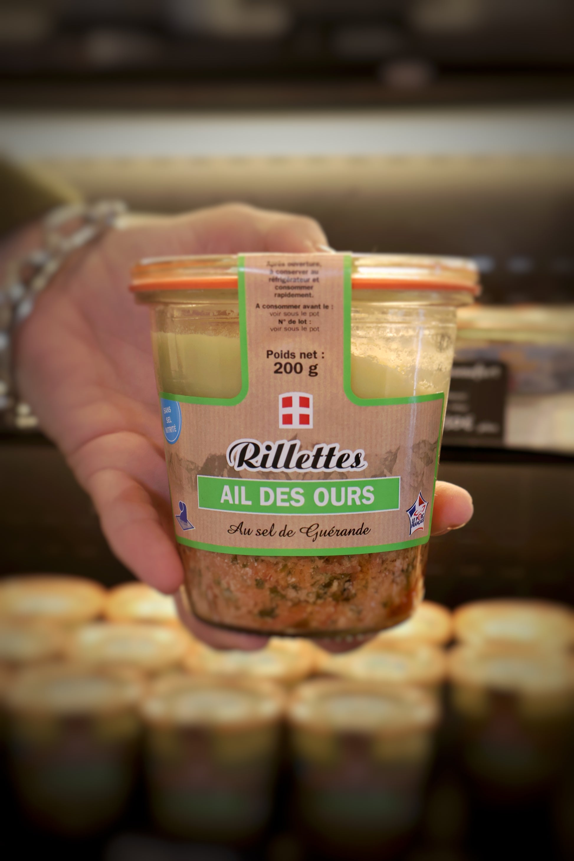 Rillettes de porc français à l'ail des ours et au sel de Guérande en bocal 200g recette artisanale 